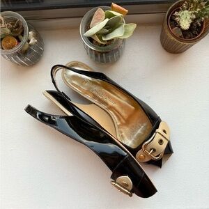 new Michele Lopriore Milano Patent Leather Slingback Flats in Black/Nude in US 6